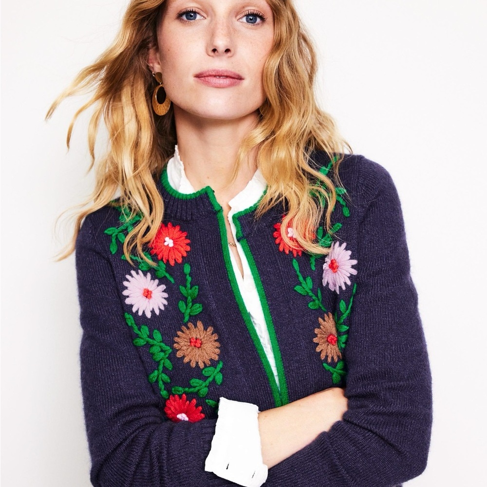 Boden Floral Embroidered Navy Sweater
